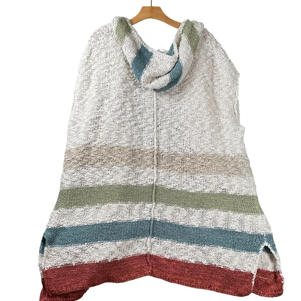 Free People Hooded Knit Vest Stripe Chunky Boucle Open Front‎ Pocket Large Boho